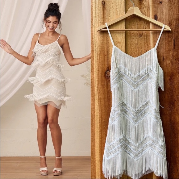 Lulus Dresses & Skirts - White and Beige Sequin Fringe Flapper Mini Dress 🌿